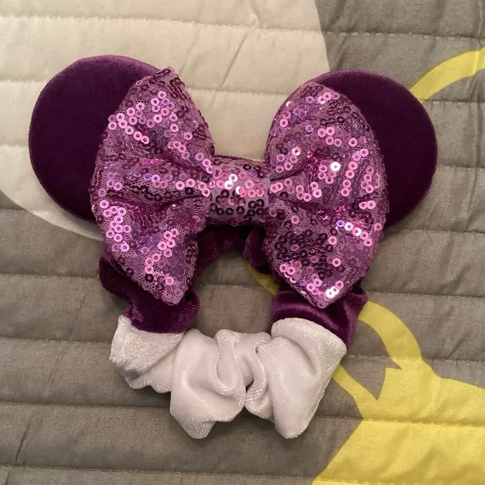NWOT Set Purple n Minnie Mouse Velvet Hair Scrunchie Ears and Sparkly Sequin Bow